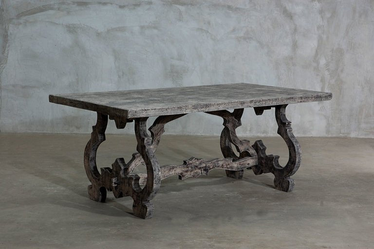 Hand Carved Rectangle Pedestal Dining Table with Scroll Legs in Natural Finish