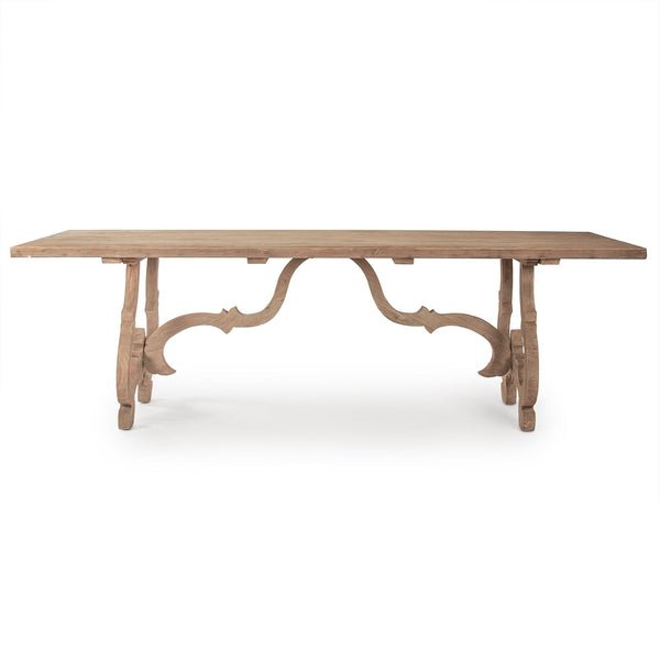 Hand Carved Rectangle Pedestal Dining Table with Scroll Legs in Natural Finish