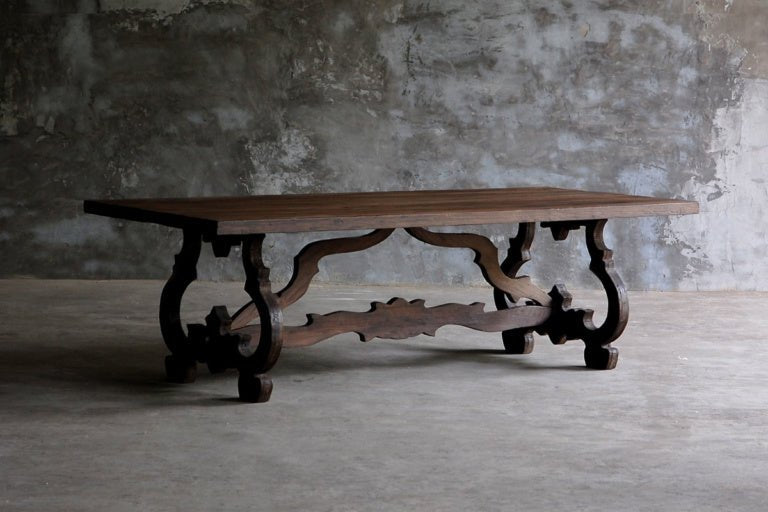 Hand Carved Rectangle Pedestal Dining Table with Scroll Legs in Natural Finish