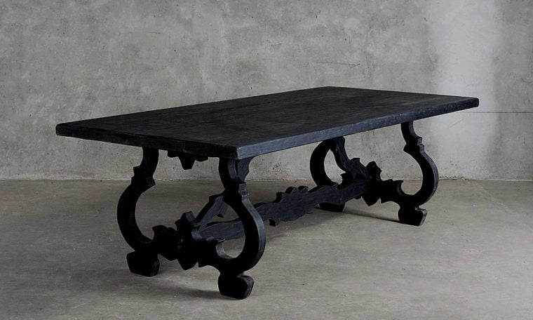 Hand Carved Rectangle Pedestal Dining Table with Scroll Legs in Natural Finish