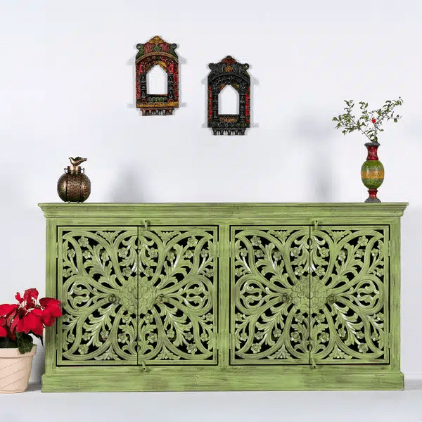 Hand-Carved Solid Wooden Floral Green Sideboard Buffet | Indian Wooden Furniture