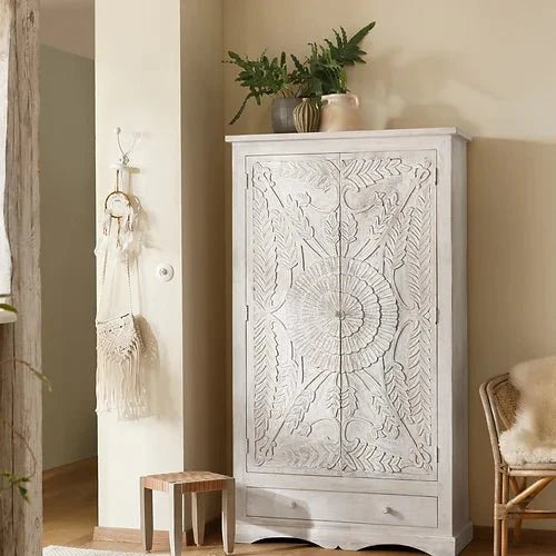 Hand-Carved Solid Wooden Indian Armoire In White Color | Indian Furniture