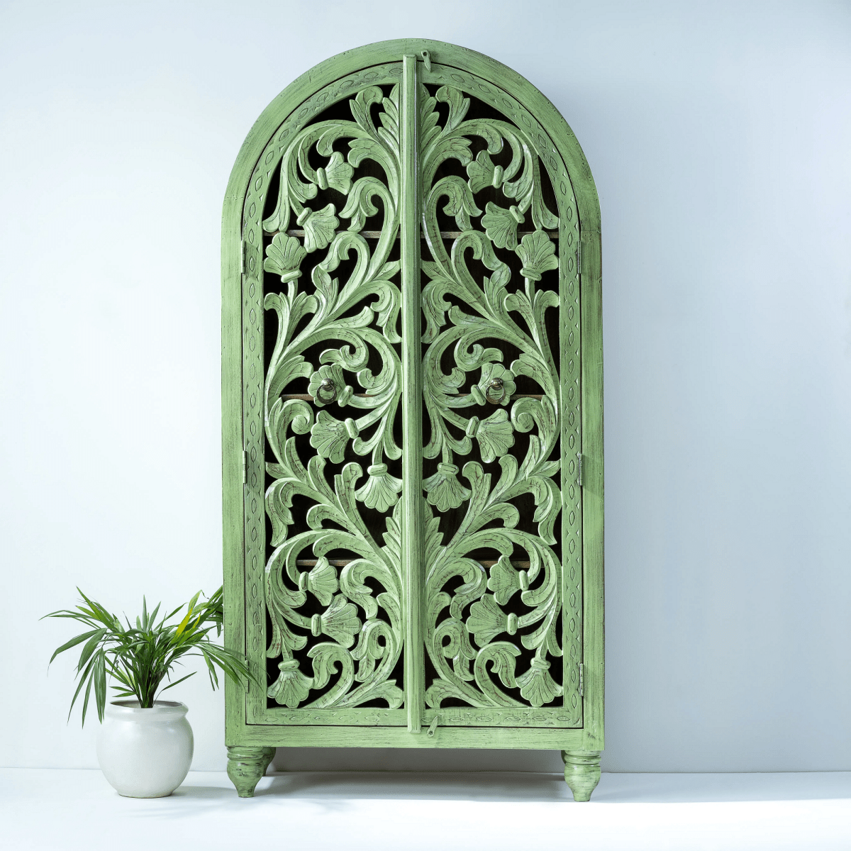 Hand Carved Solid Wooden Tall Cupboard in Green Color