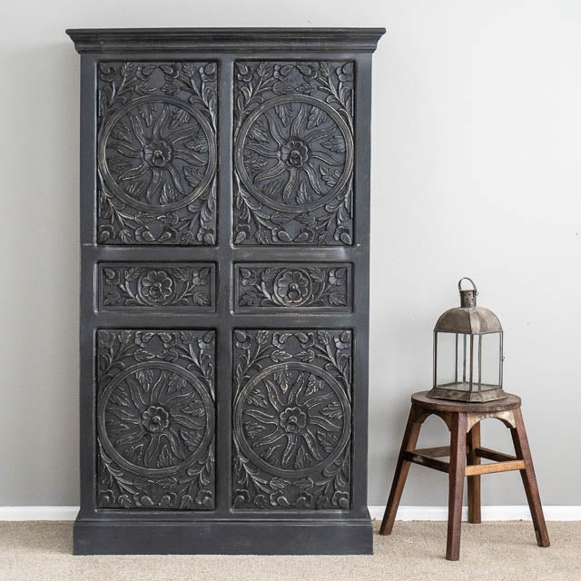 Hand Carved Tallboy Charcoal Wooden Indian Armoire  Closet