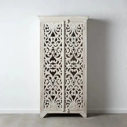 Hand-carved White Solid Wooden Floral Pattern Armoire Wardrobe