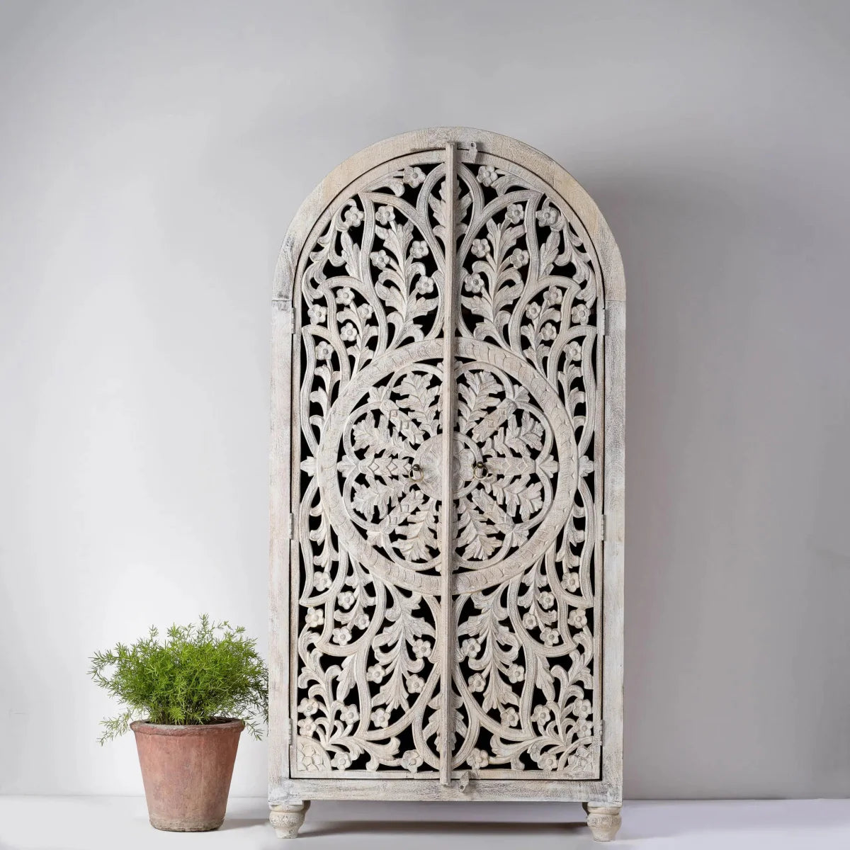 Hand Carved Wooden Classy Armoire Closet in White Color | Indian Furniture