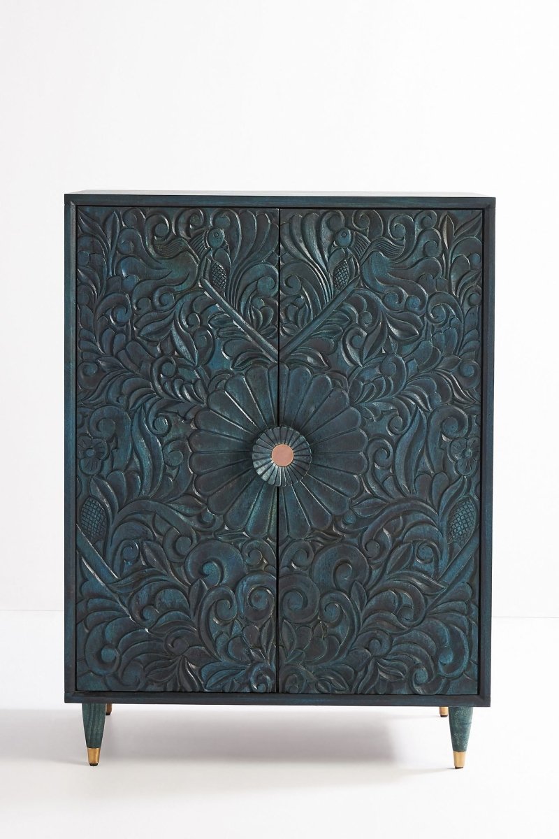 Hand-Carved Wooden Gulliver Armoire Closet Indigo Color