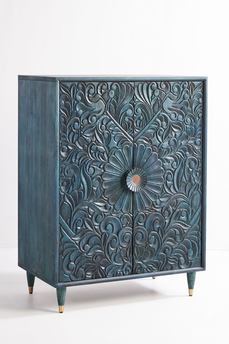 Hand-Carved Wooden Gulliver Armoire Closet Indigo Color