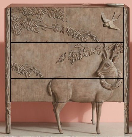 Hand Carved Deer Three Drawers Dresser | Wooden Chest of Drawers