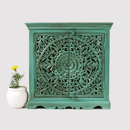 Hand Carved Emerald Green Hallway Cabinet