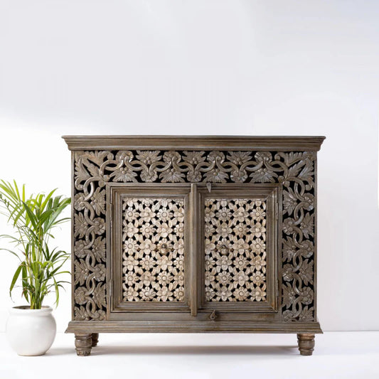 Hand Carved Floral Carved Two Door Cabinet | Best Indian Furniture