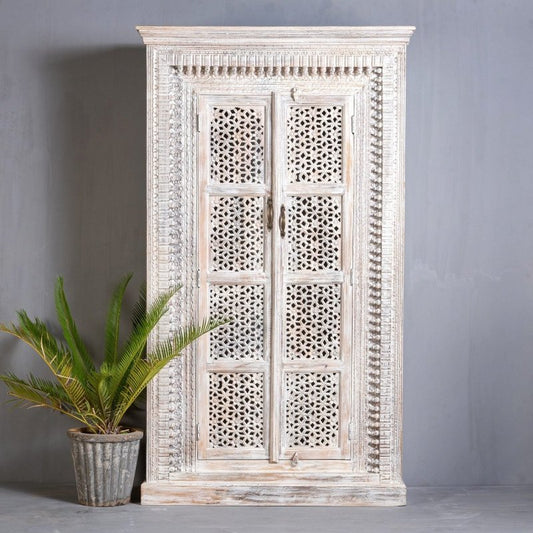 Hand Carved Solid Wood Indian White Armoire