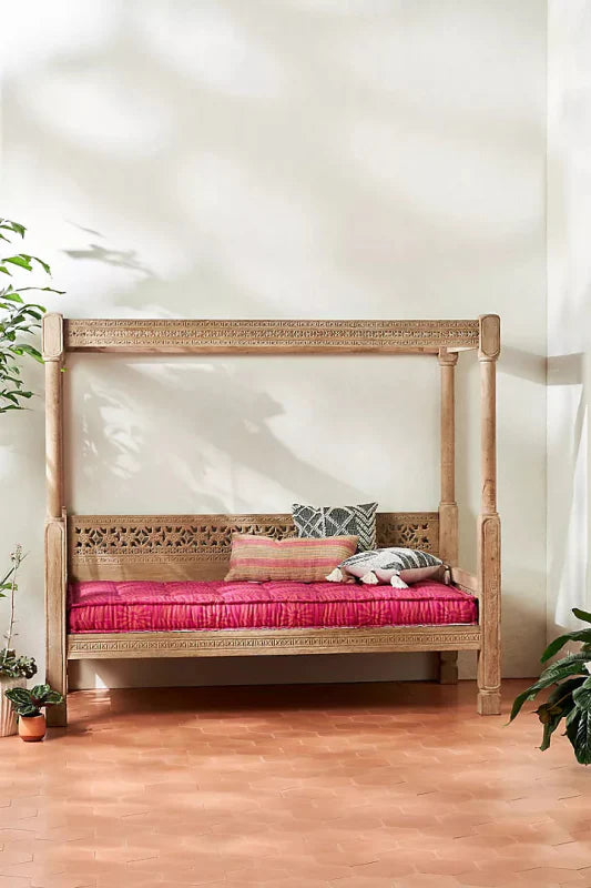 Hand Carved Solid Wooden Ezana Indian Canopy Daybed