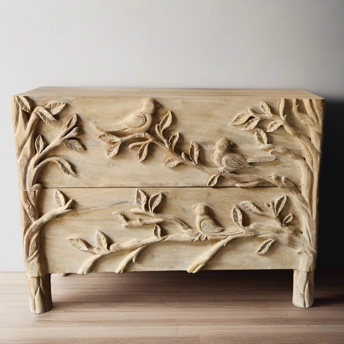 Hand Carved Solid Wooden Ornithology Two Drawers Bird Dresser