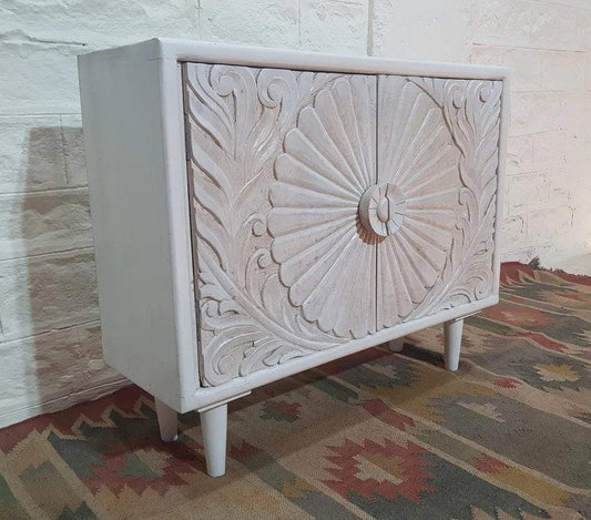 Handmade Indian Carved Vintage Small Sideboard | Hand Carved Wooden Cabinet