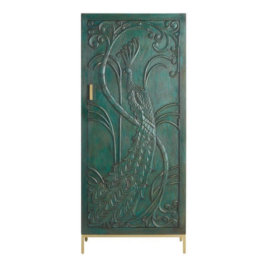 Indian Design Hand Carved Wood Peacock Armoire Wardrobe