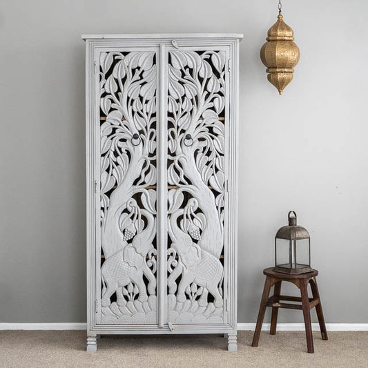 Indian Hand-Carved Jungle Elephant Designed Armoire Wardrobe White Color