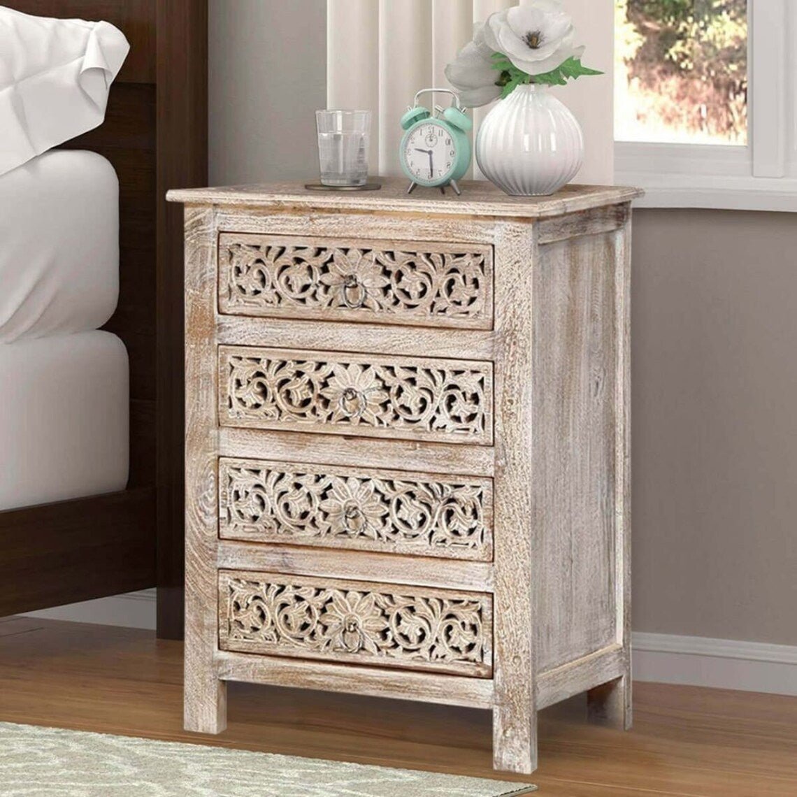 Hand Carved Indian Wood Carving Bedside Table | Hand-carving Antique Nightstand