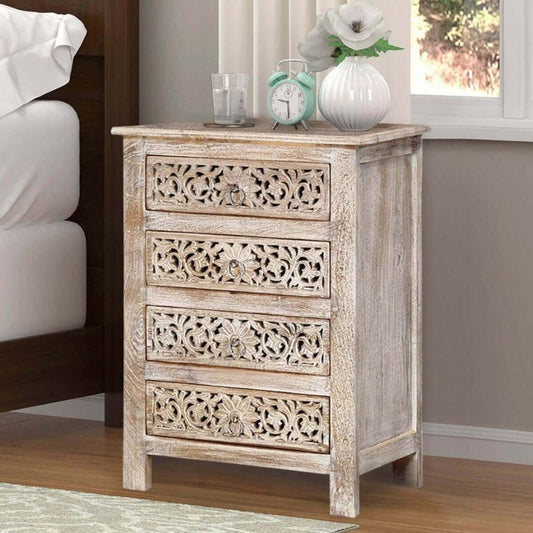 Hand Carved Indian Wood Carving Bedside Table | Hand-carving Antique Nightstand