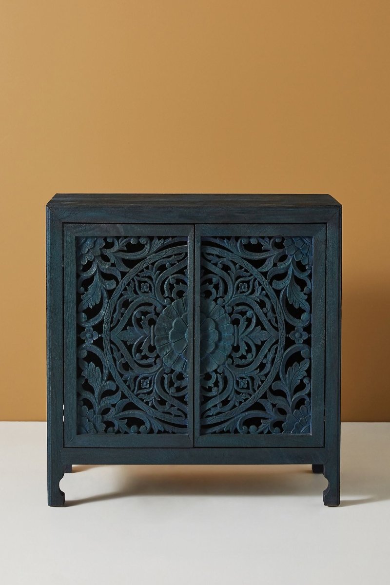 Hand Carved Lombok Entryway Cabinet Indigo Color | Wooden Storage Unit