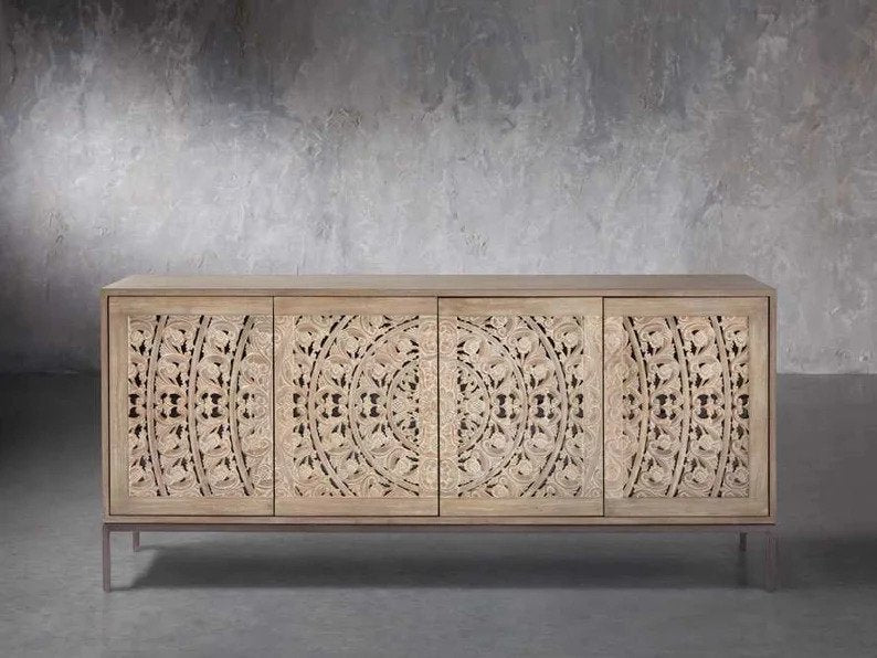 Hand Carved Mandara Media Console | Natural Color TV Unit