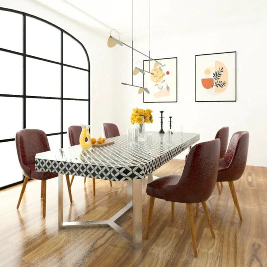 Handmade Modern Bone Inlay Six Seaters Black and White Dining Table with Brass Legs