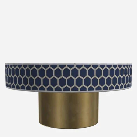 Handmade Navy-Blue Bone Inlay Coffee Table with Brass Base