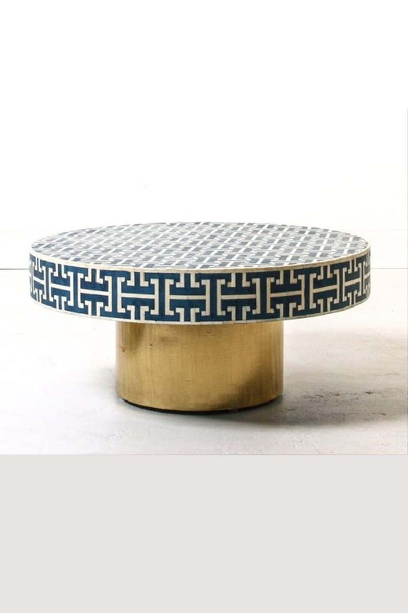 Handmade Round Brass and Inlay Coffee Table in Blue Color | Custom Made Center Table