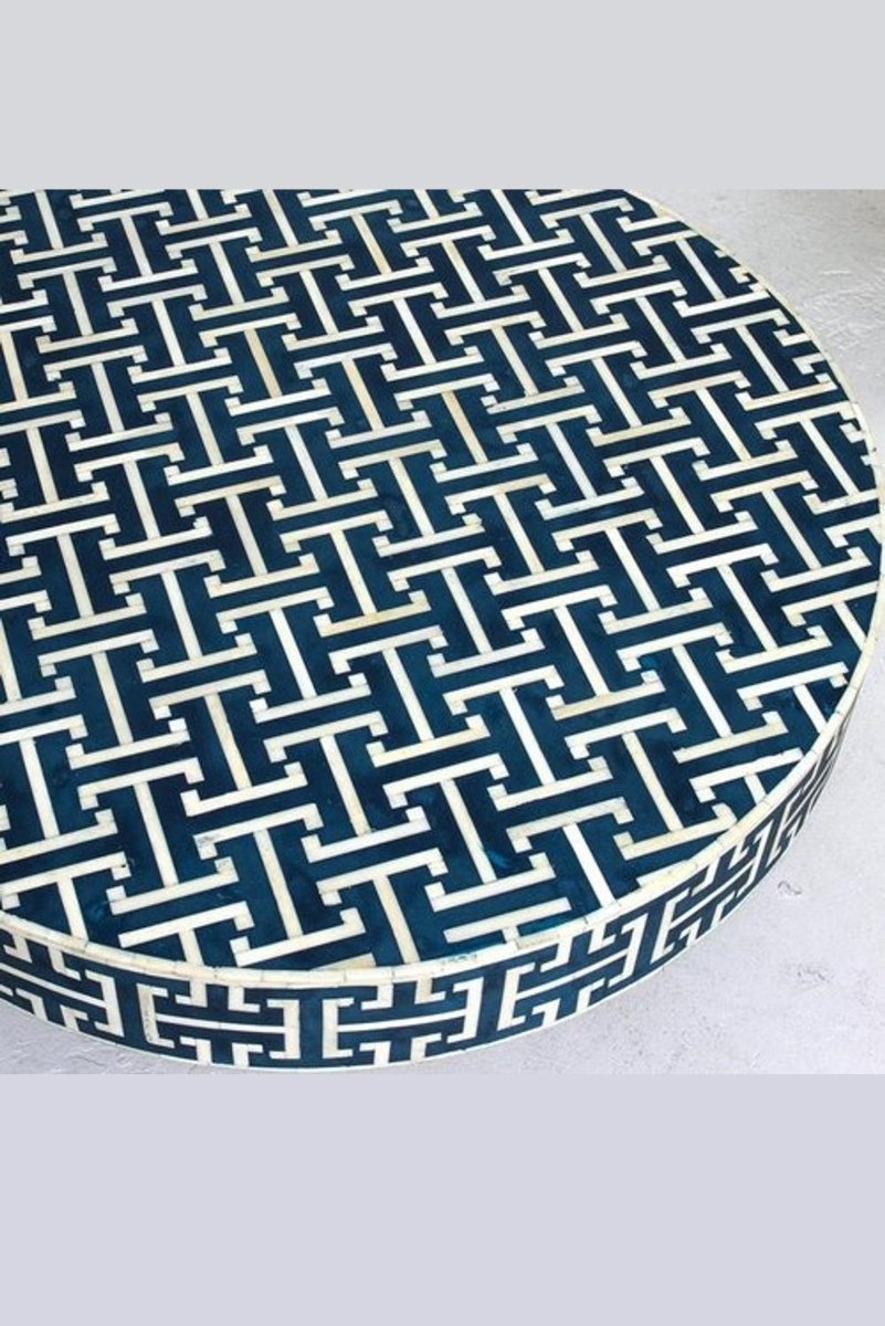 Handmade Round Brass and Inlay Coffee Table in Blue Color | Custom Made Center Table