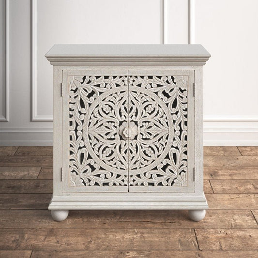 Hand Carved Solid Wood Two Door Accent Cabinet | Cabinetry Furniture in White Color