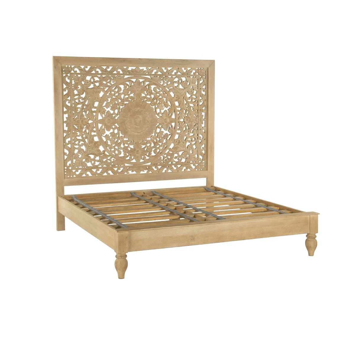 Hand Carved Solid Wood Bed With Headboard Indian Furniture