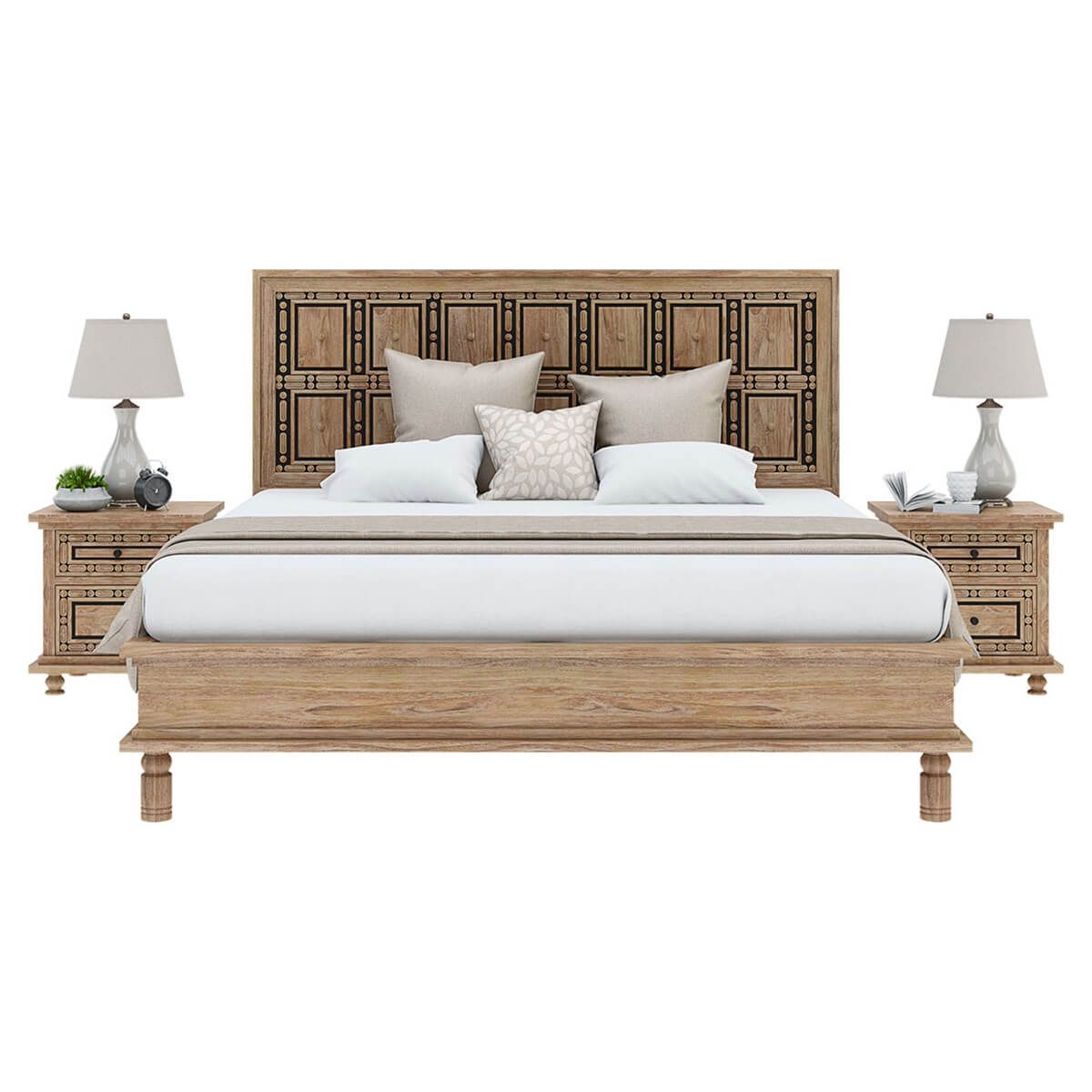 Hand Carved Solid Wood Traditional Platform Bed | Bed with Headboard