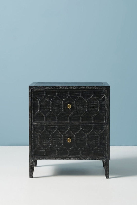 Hand Carved Textured Trellis Two Drawers Nightstand in Black Color | Wooden Bedside