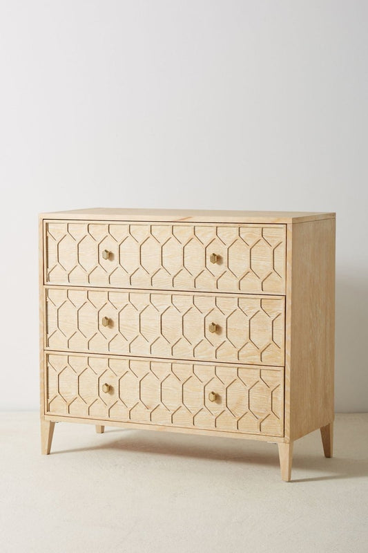 Hand Carved Textured Trellis Three Drawer Dresser in Natural | Natural Color Dresser