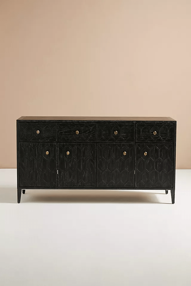 Hand Carved Textured Trellis Buffet | Black Color Buffet | Indian Furniture