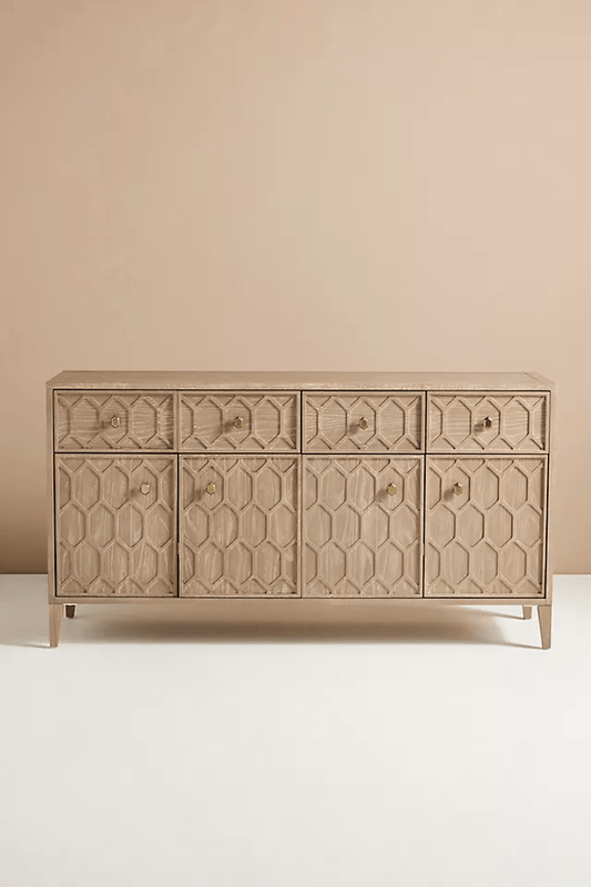 Hand Carved Textured Trellis Buffet | Natural Color Sideboard