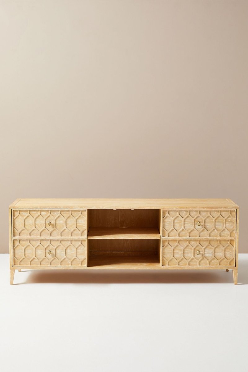 Carved Textured Trellis Media Console in Sand Color | Entertainment Unit