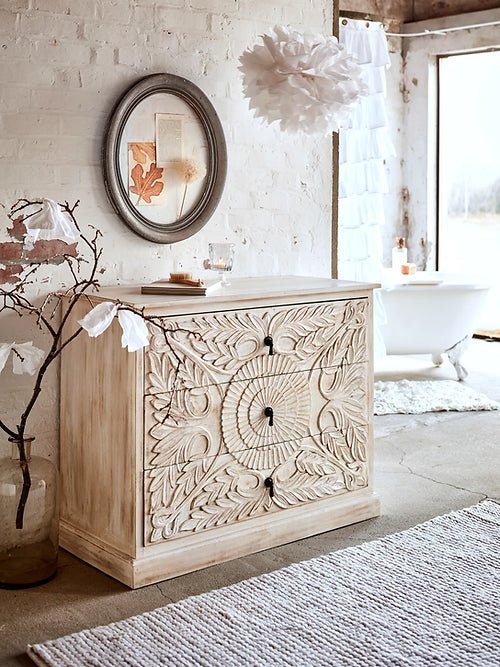 Hand Carved Three Chest of Drawers | Flower Pattern Dresser