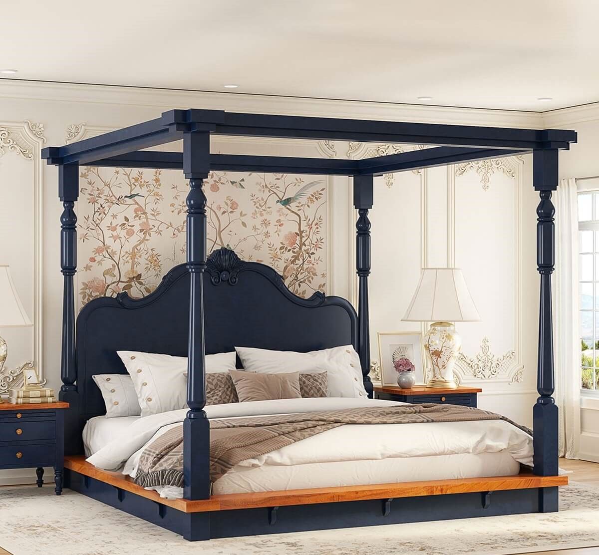 Hand Carved Two-Tone Solid Wood Bed | Canopy Bed with Carved Headboard