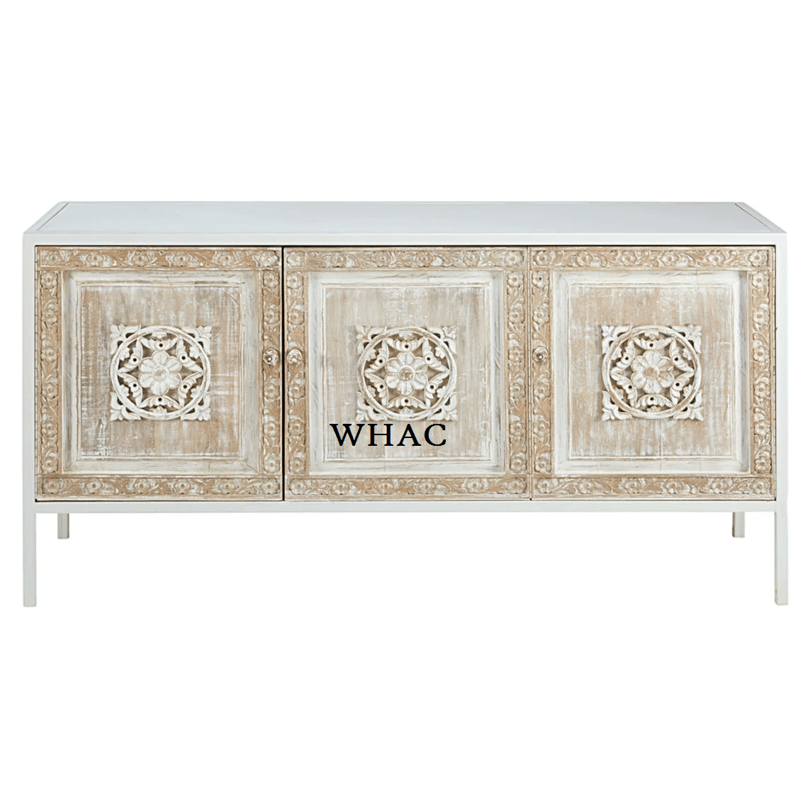 Hand Carved White Color Three Door Sideboard | Indian Buffet Table