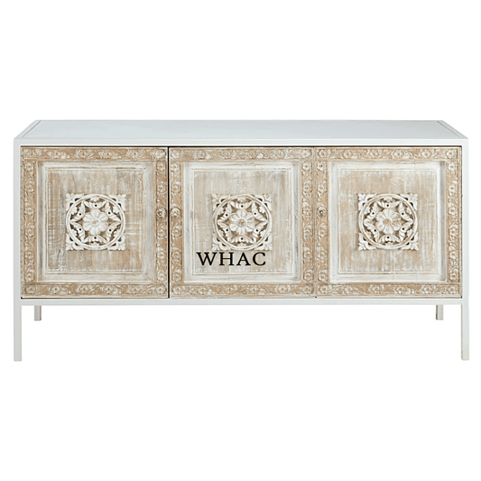 Hand Carved White Color Three Door Sideboard | Indian Buffet Table