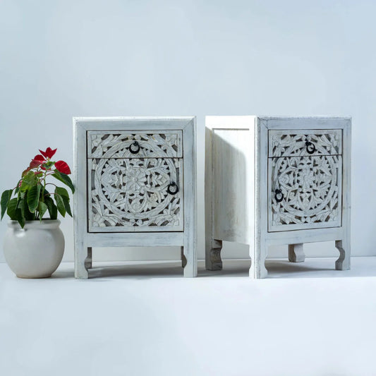 Hand Carved White Color Bedside Table | Hand-carved Unique Nightstand