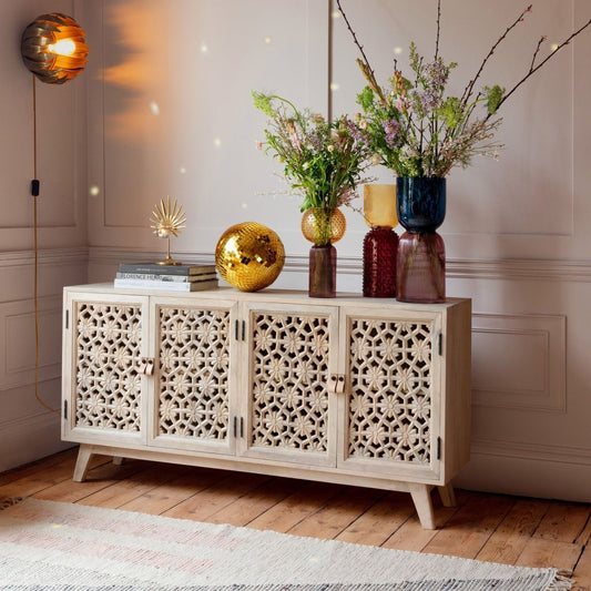 Hand Carved Whitewash Color Wooden Sideboard | Hand-carved Four Door Buffet