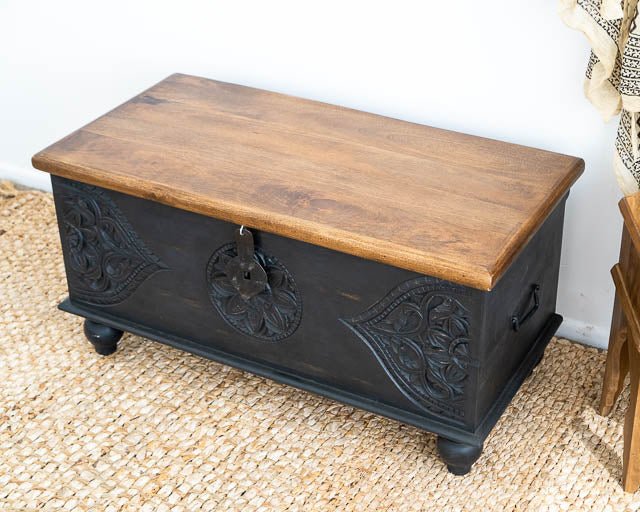 Wood Carving Storage Box | Hand-carved Black Wooden Blanket Box