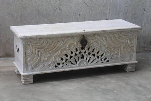 Wood Carving Trunk | Hand-Carved Peacock Wooden Blanket Box