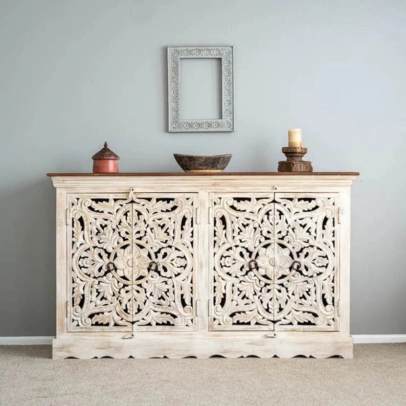 Wood Carving Whitewash Color Buffet Table | Hand-Carved Unique Sideboard