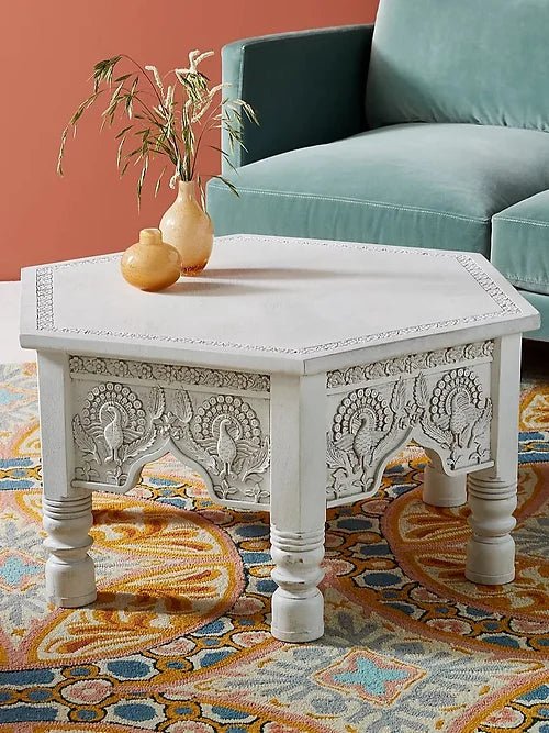 Carved Wood Peacock Carving Coffee Table | White Color Center table | Conversion Table