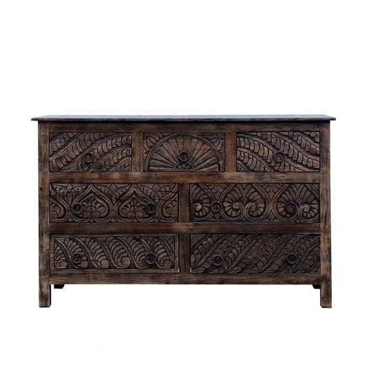 Indian Hand Carved Wood Seven-Drawer Dresser