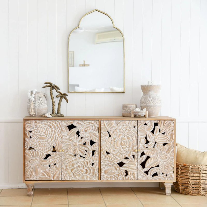 Hand Carved Large Floral Wood Sideboard Cabinet