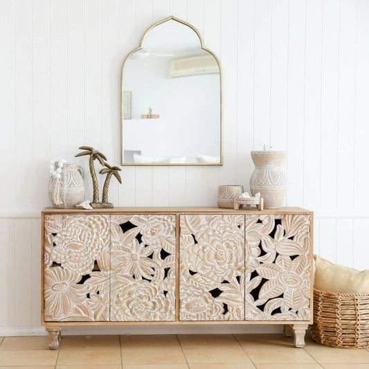 Hand Carved Large Floral Wood Sideboard Cabinet